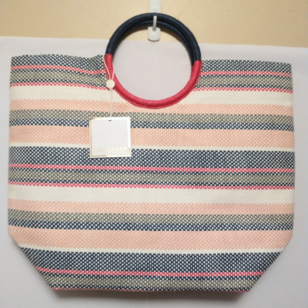 Shiraleah Chicago Woven Mattea Tote Pink And Blue With Circular Handle Summer